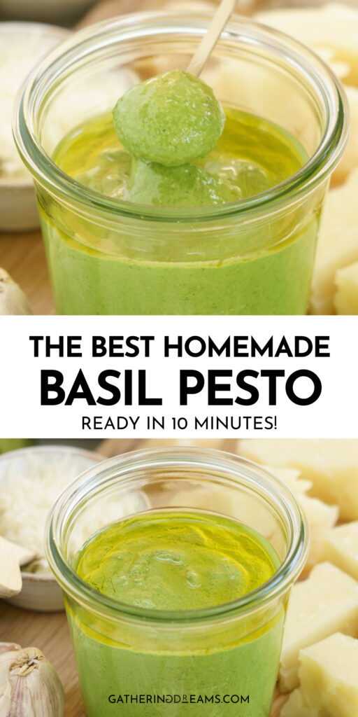 Pin for pinterest of basil pesto with text on top.