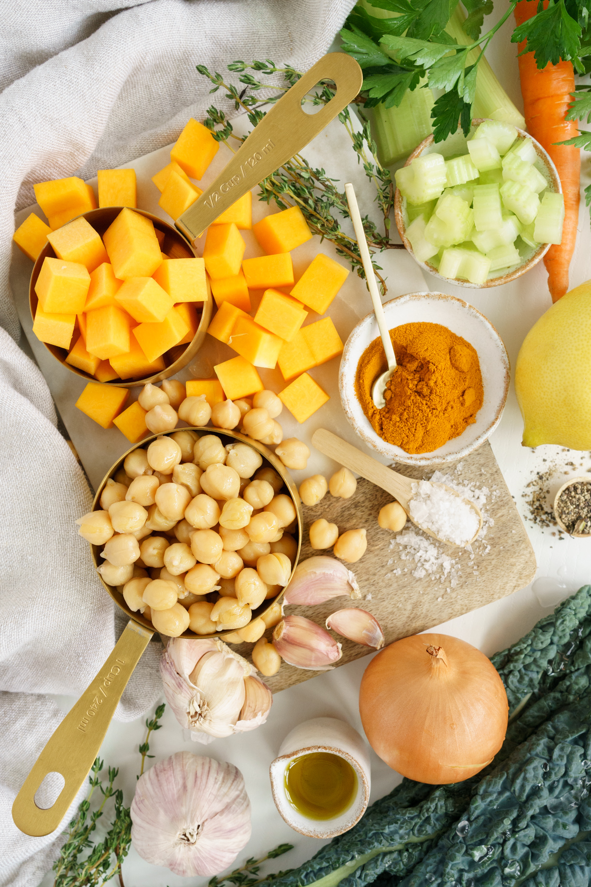 Ingredients to make turmeric chickpea soup on the table.