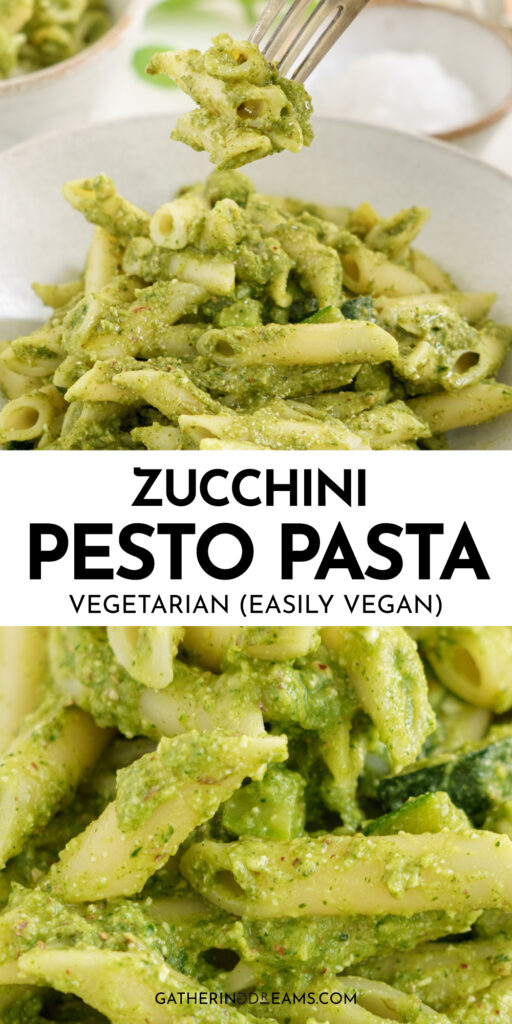 Pin for pinterest of zucchini pesto pasta with text on top.