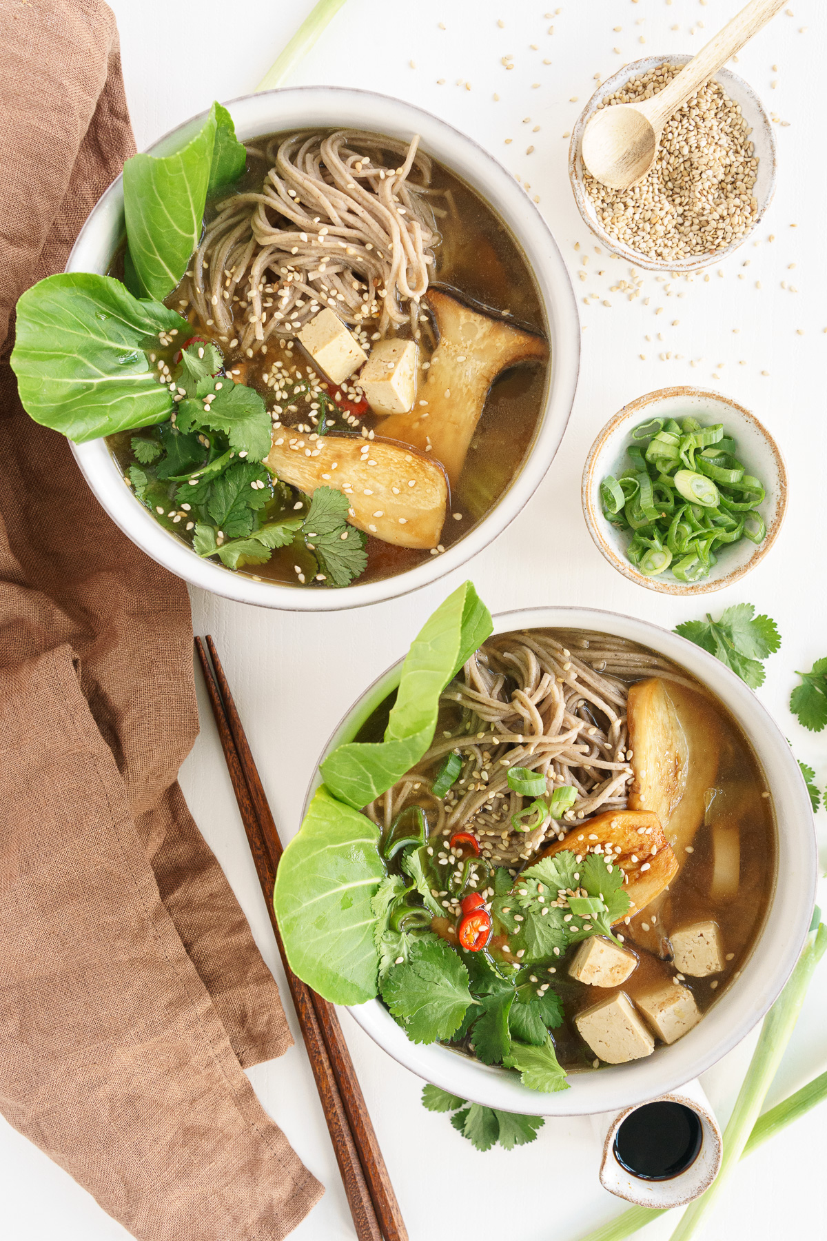 two ramen bowls with toppings