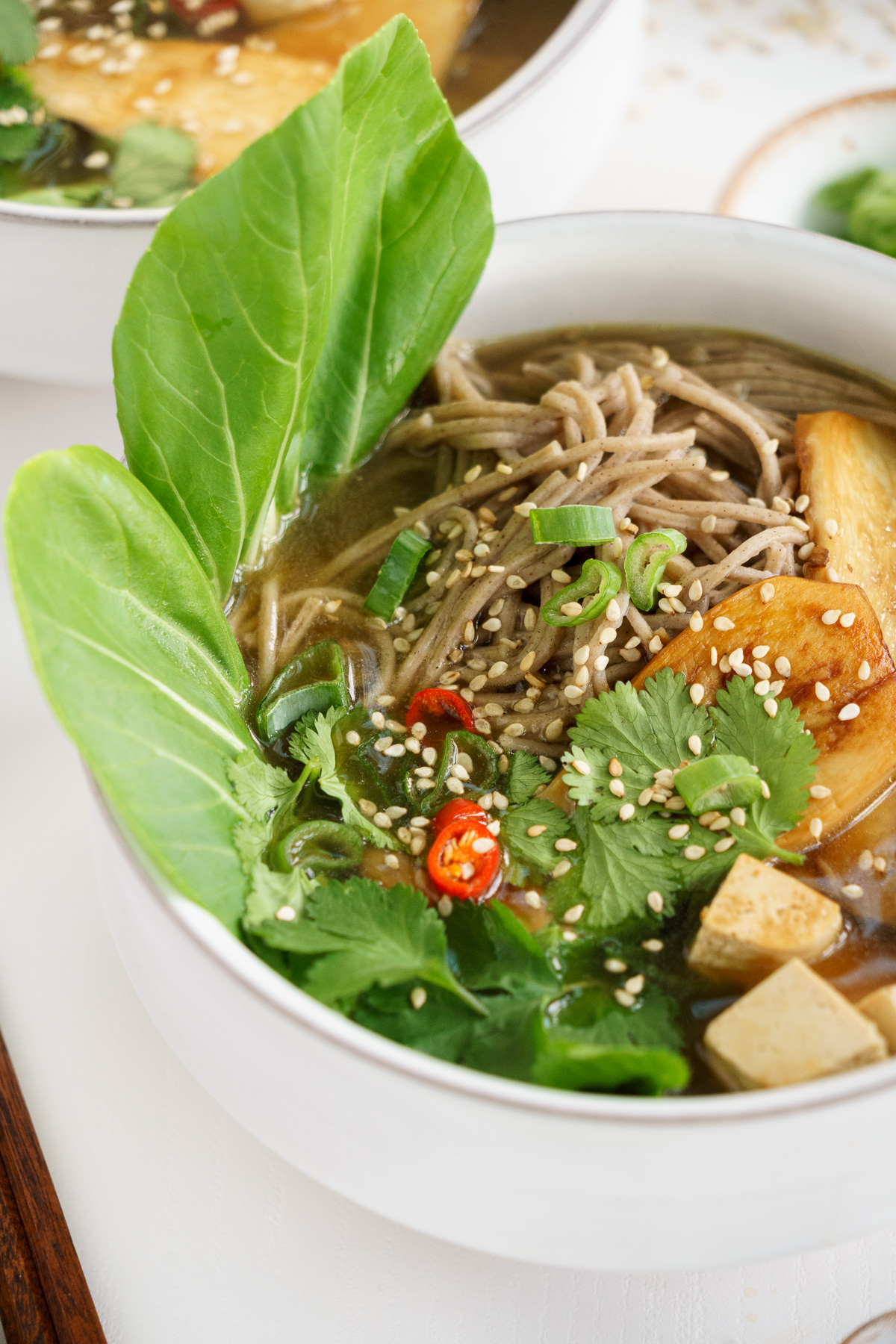 Close up of bowl filled with vegan ramn