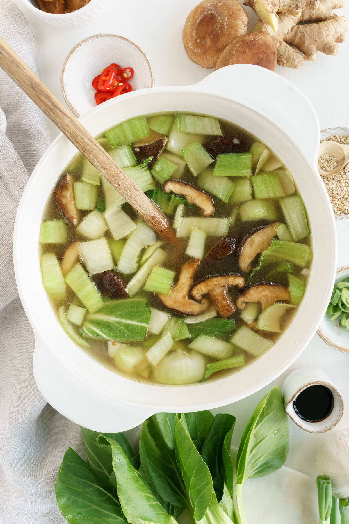 Top view of pot with simmering vegetables