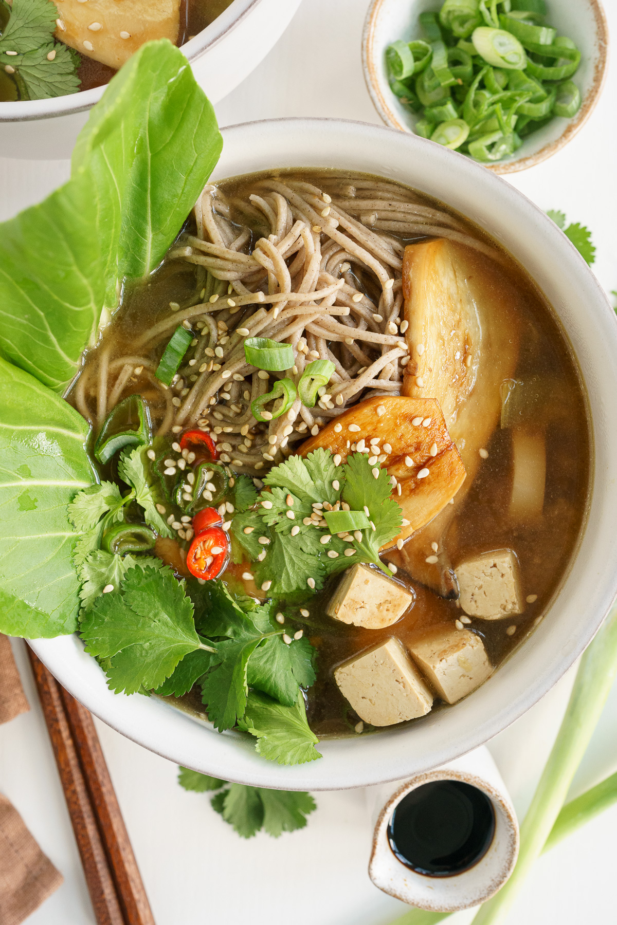 Top view of assembled vegan ramen in a bowl
