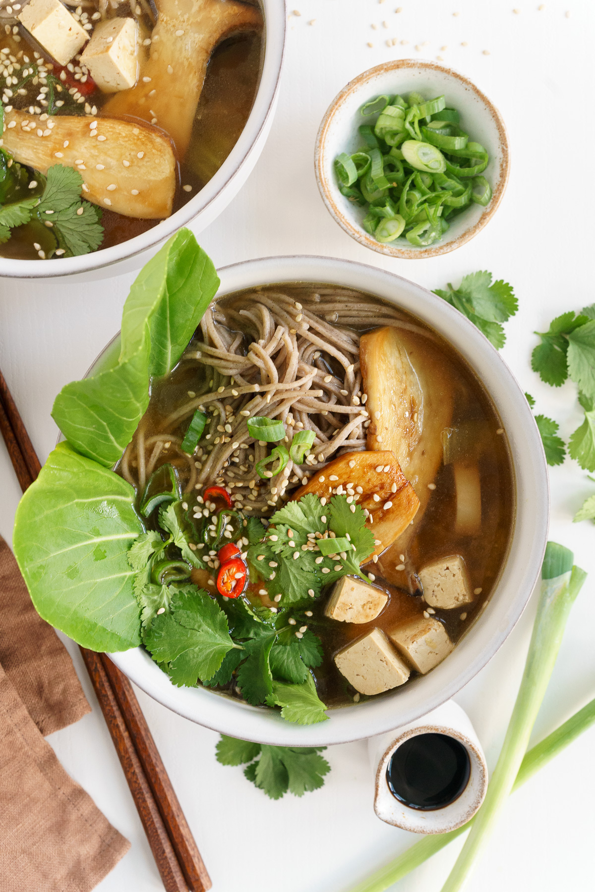 Top view of vegan ramen in a bowl