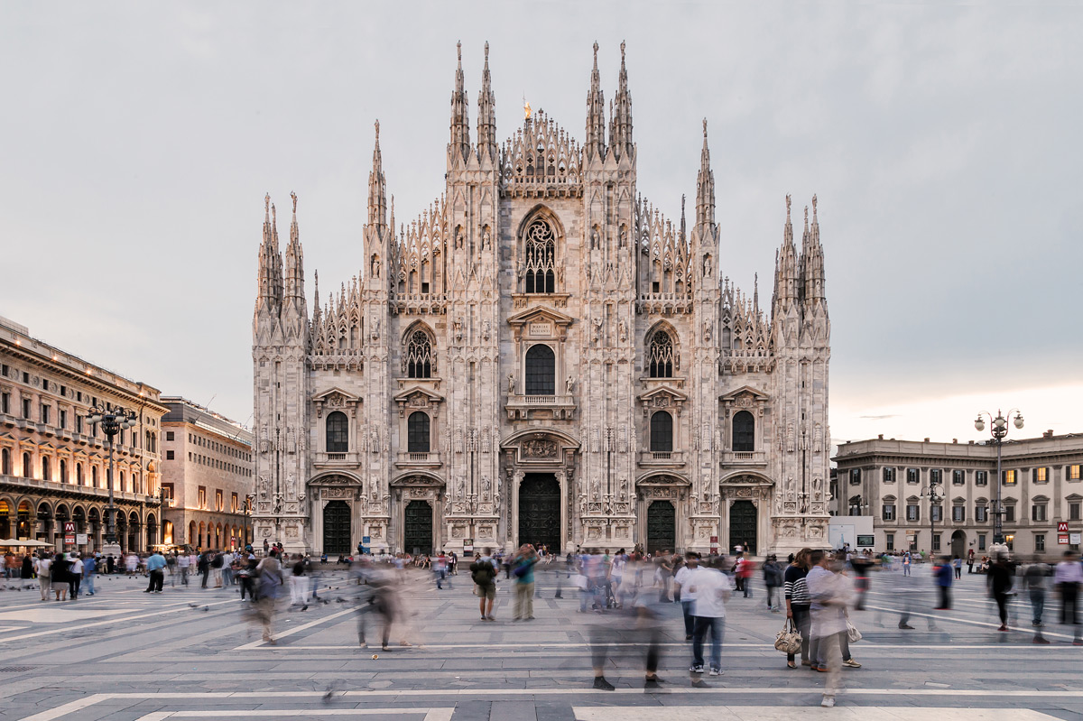 Front view of the Milan Cathedral in Milan, Italy