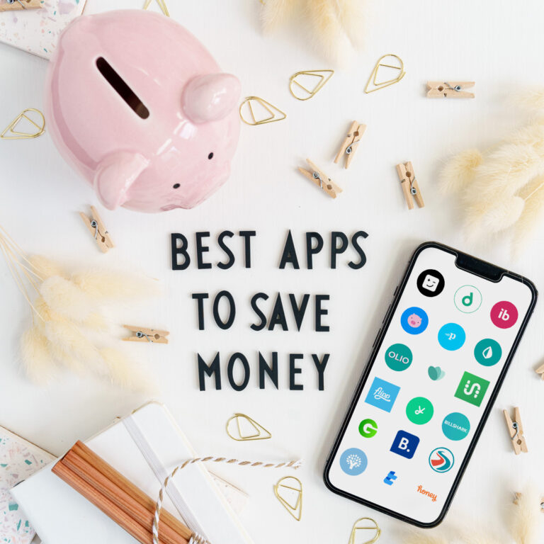 Top view of desk with letters saying "Best apps to save money" next to a smartphone with apps icons on it