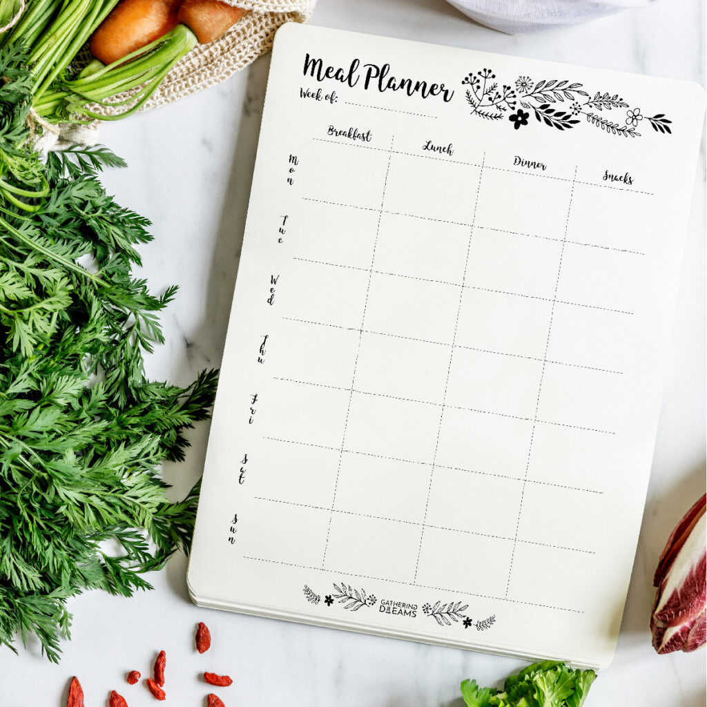 Top view of Free meal planner on a table with groceries around it