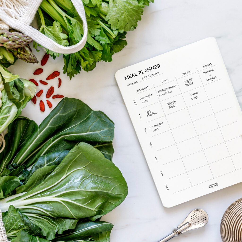 Top view of Free meal planner on a table with groceries around it