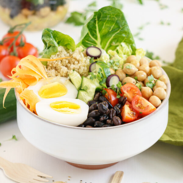 angled view of protein salad bowl