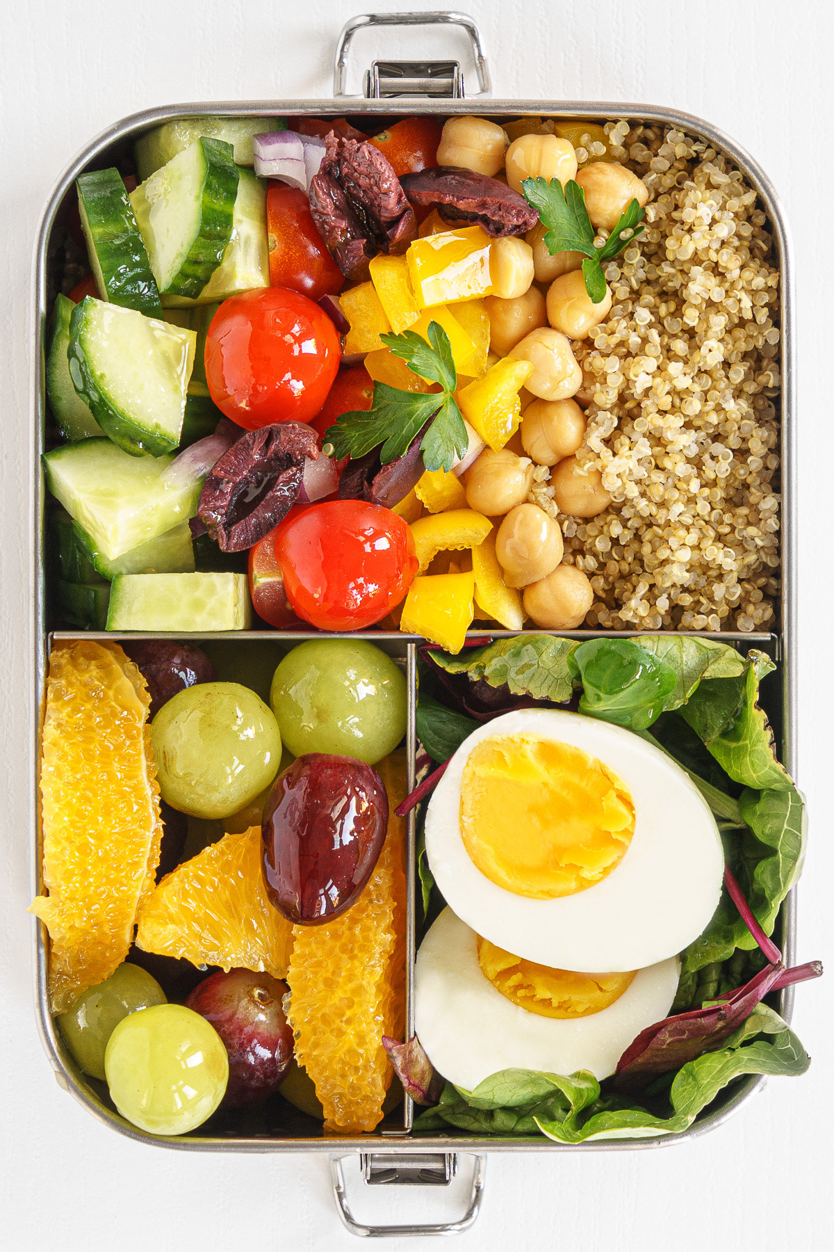 Overhead closeup of finished vegetarian bento box.