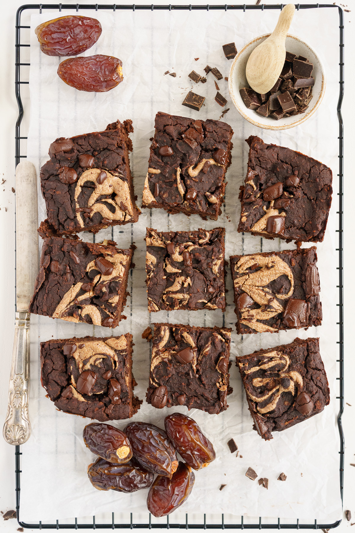 top view of black bean brownies cut into 9 pieces