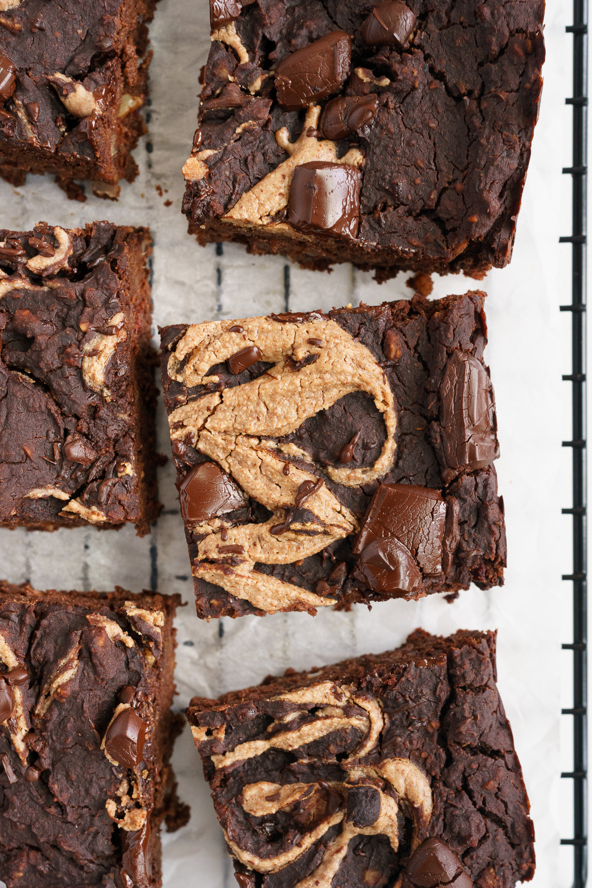 Top view of black bean brownies on a cooling rack