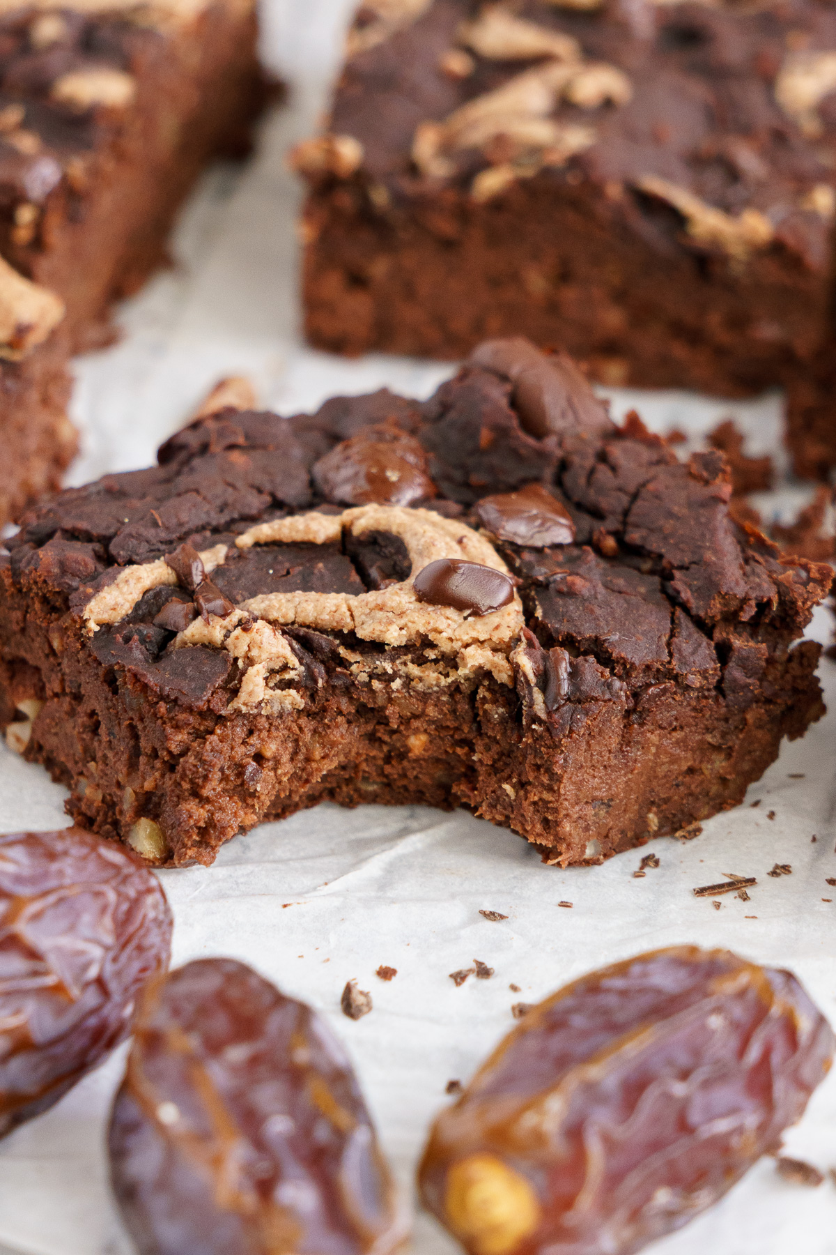 close up of brownie with a bite taken off
