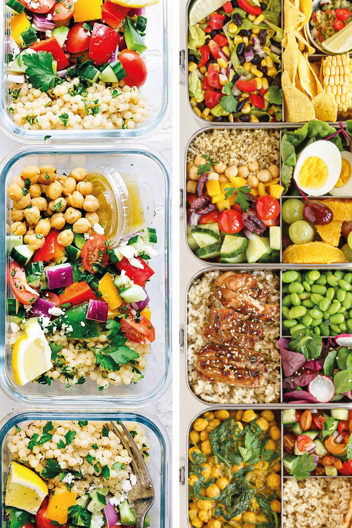 Collage of healthy meal prep recipes in meal prep containers