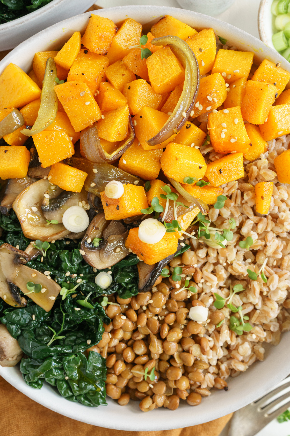 Closeup of ingredients in the bowl for a butternut squash buddha bowl.