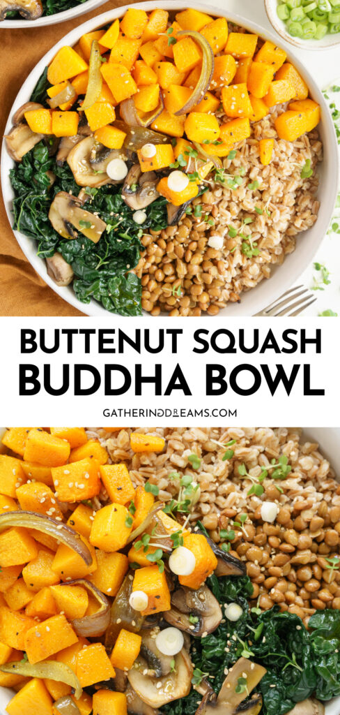 Pin for pinterest graphic with images of butternut squash bowl with text on top.
