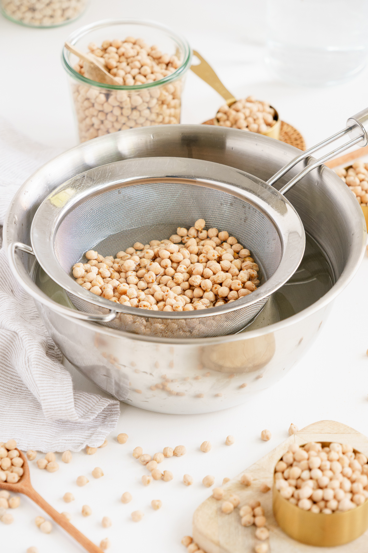 Chickpeas washed in a metal bowl