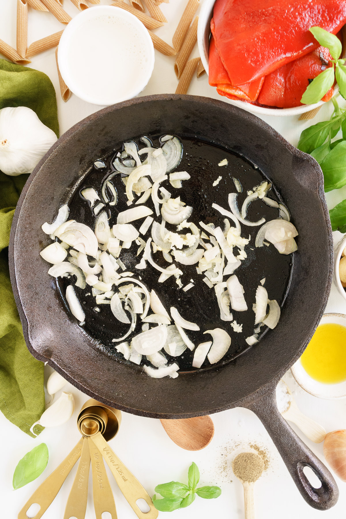 Top view of skillet with onions