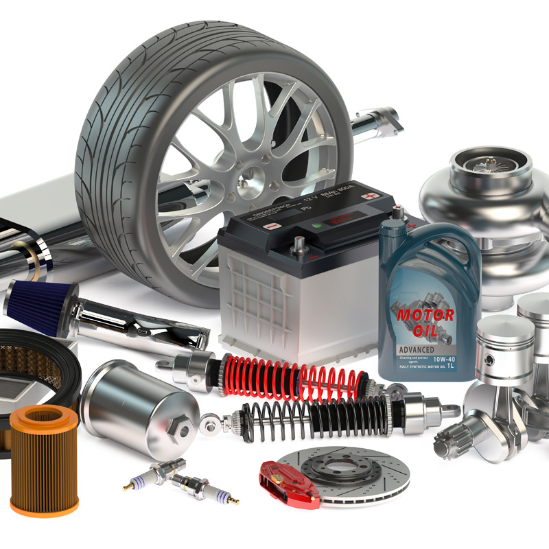 Car parts and accessories on white background