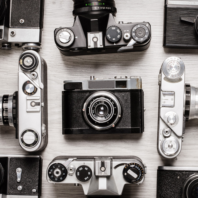 Top view of vintage film cameras