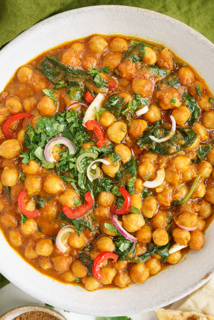 Top view of place filled with chickpea curry