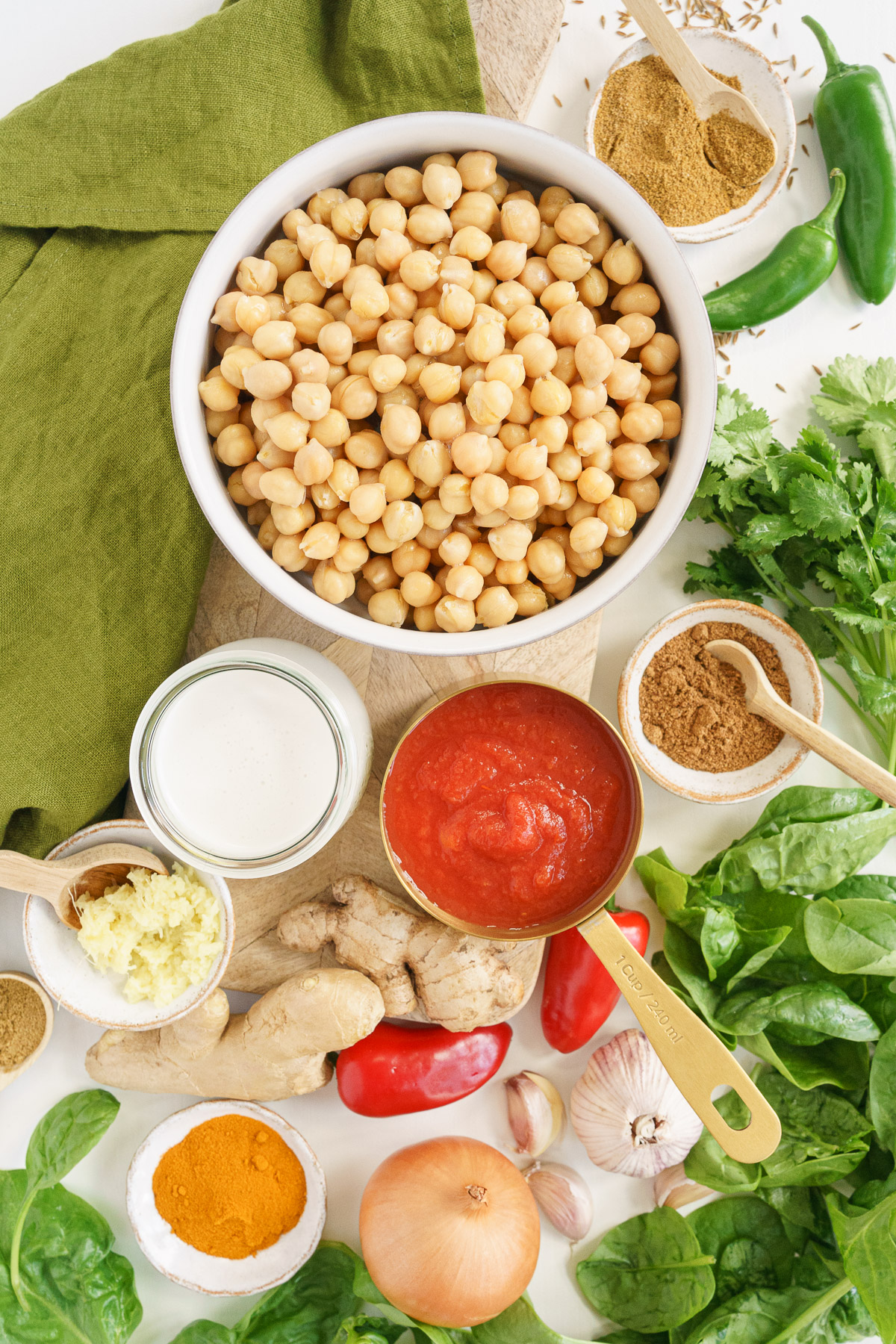 Ingredients to make vegan chickpea curry on the table.