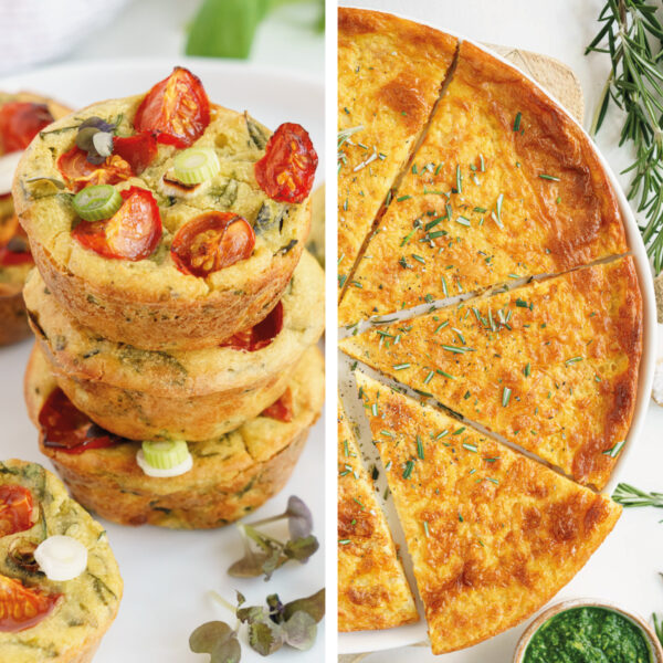 stacked chickpea vegan muffins and sliced chickpea pie