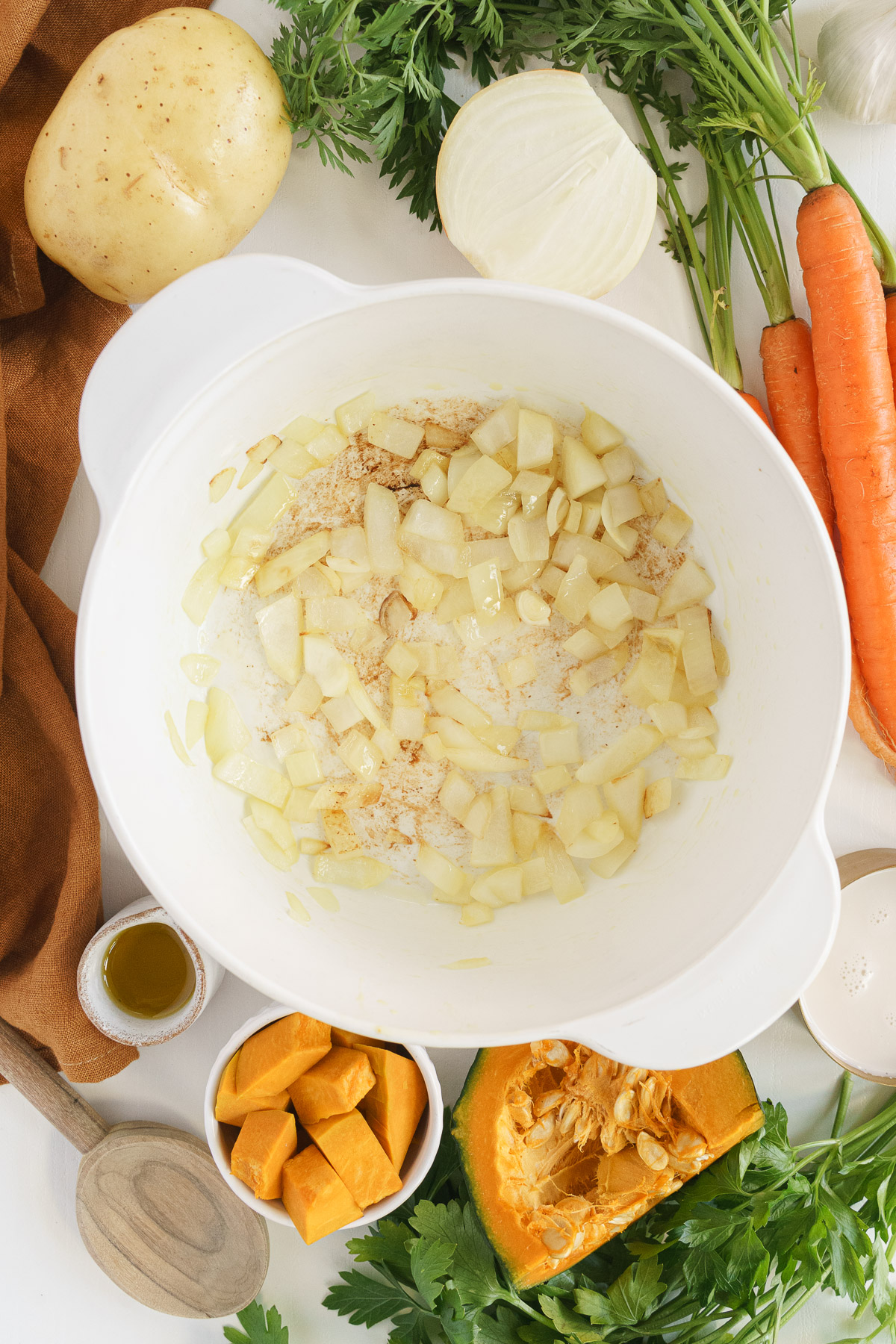 top view of sautee onions in a pot
