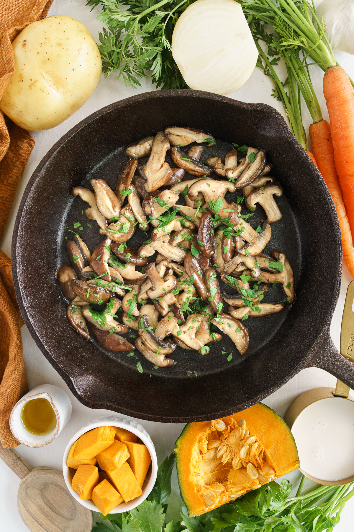 top view of the sauteed mushroom in a pan