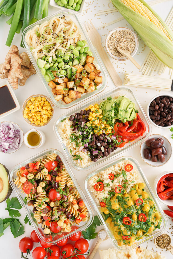 Vegan meal prep bowls in glass containers to carry for lunch.