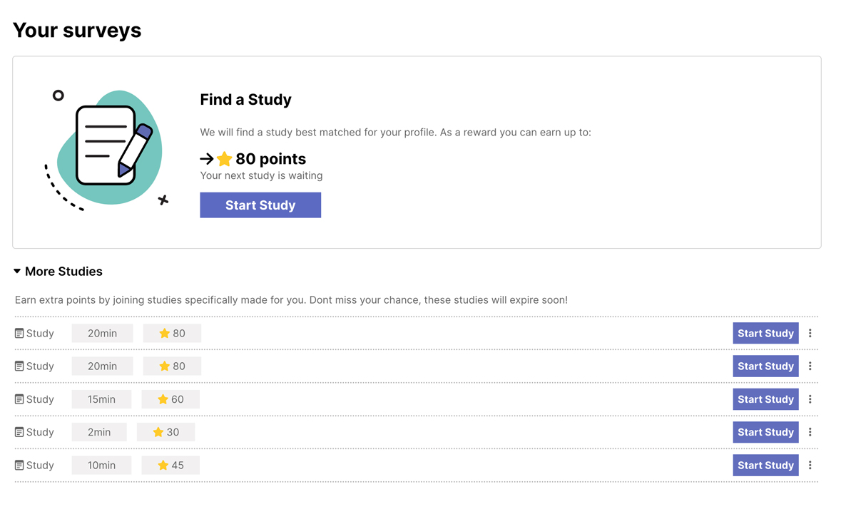 Screenshot of available surveys