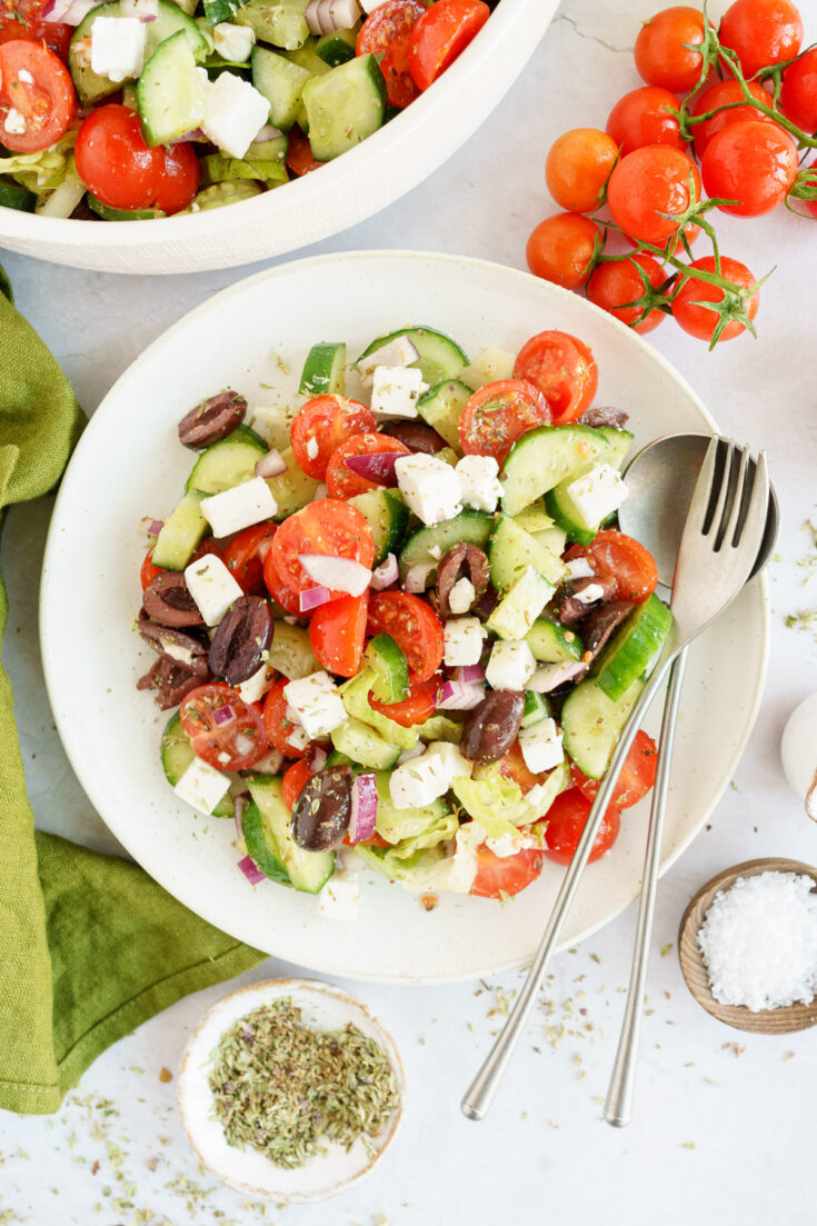 top down view of plate filled with greek salad