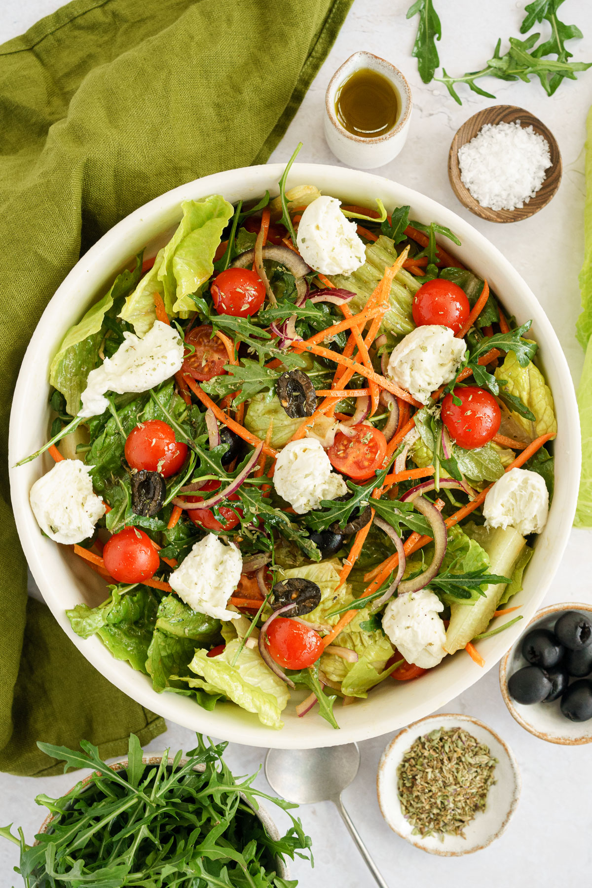 top view image of an italian salad recipe in a bowl
