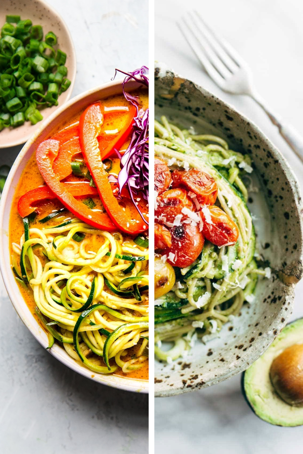 Collage of zoodle reicpes: Coconut Curry Zoodle Ramen andTomato and Zucchini Spaghetti with Avocado Sauce Recipes