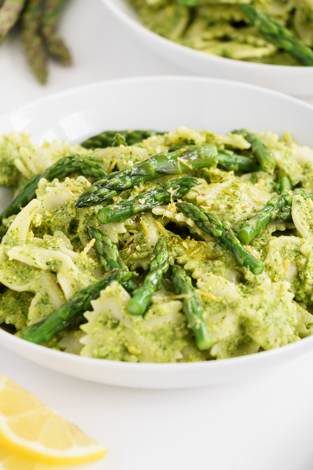 Close up of asparagus pesto pasta in a plate