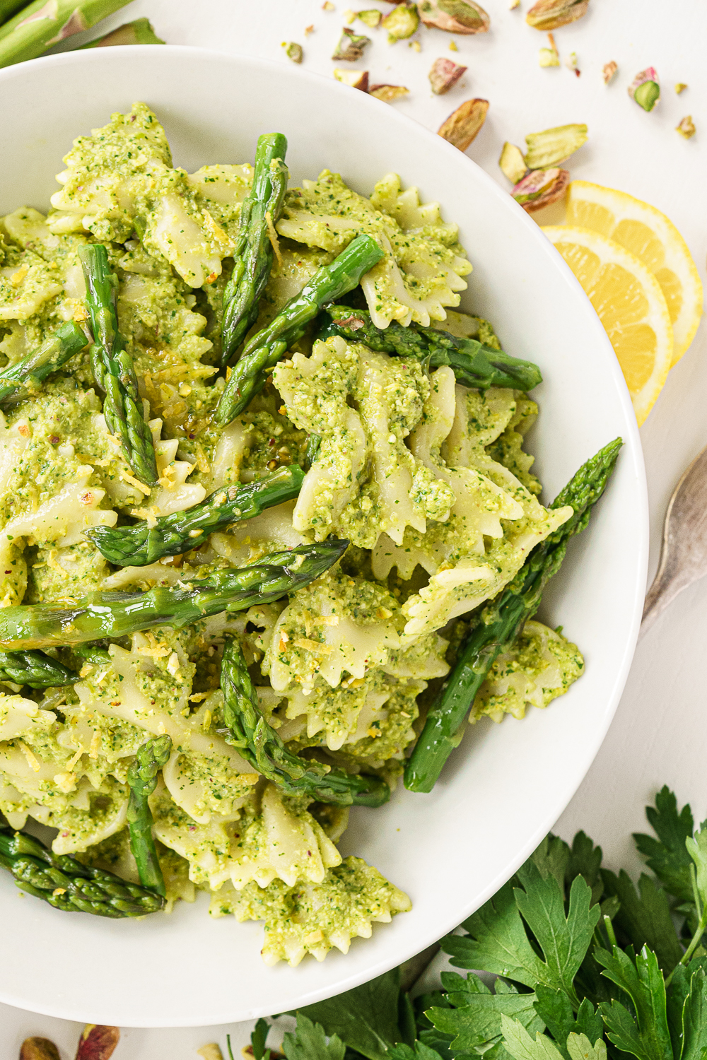 Top view of plate full of asparagus pesto pasta