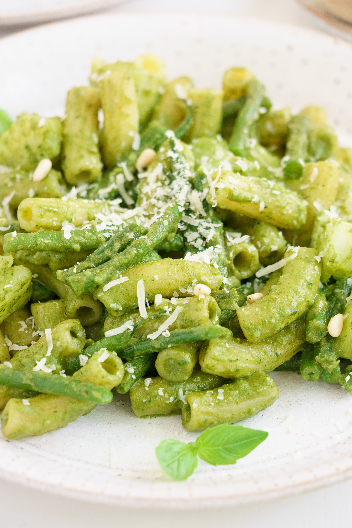 Close up of plate filled with pesto pasta