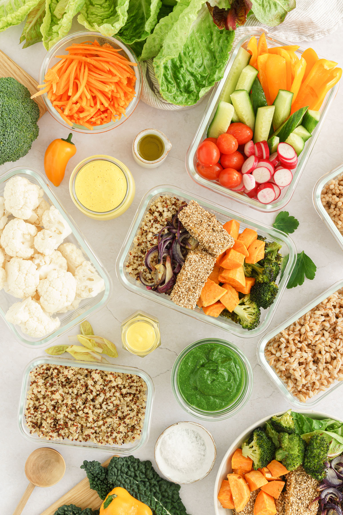 Meal prep ingredients in glass containers