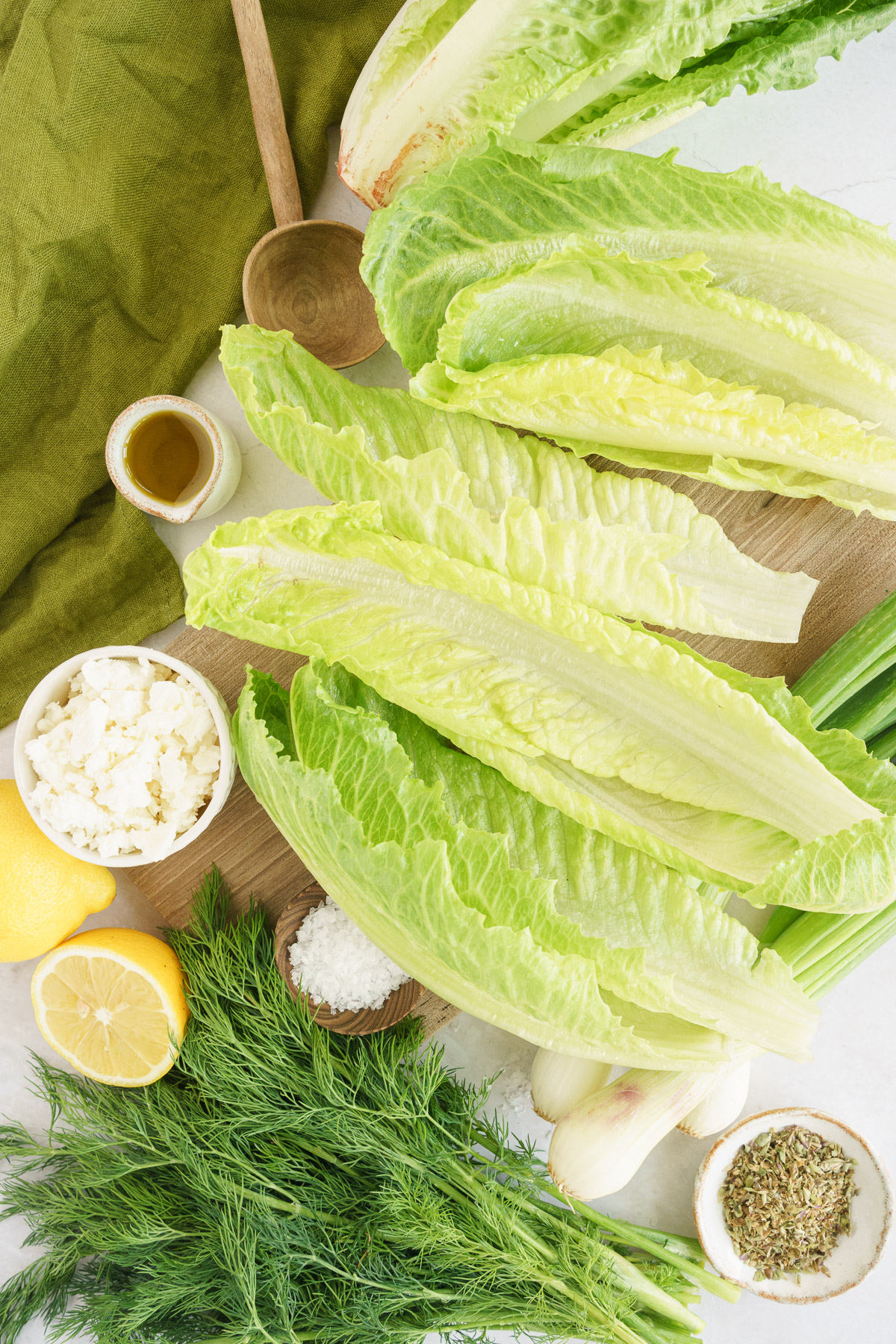 top view of maroulosalata salad ingredients lettuce, dill leaves, oregano, lemon juice, salt and pepper