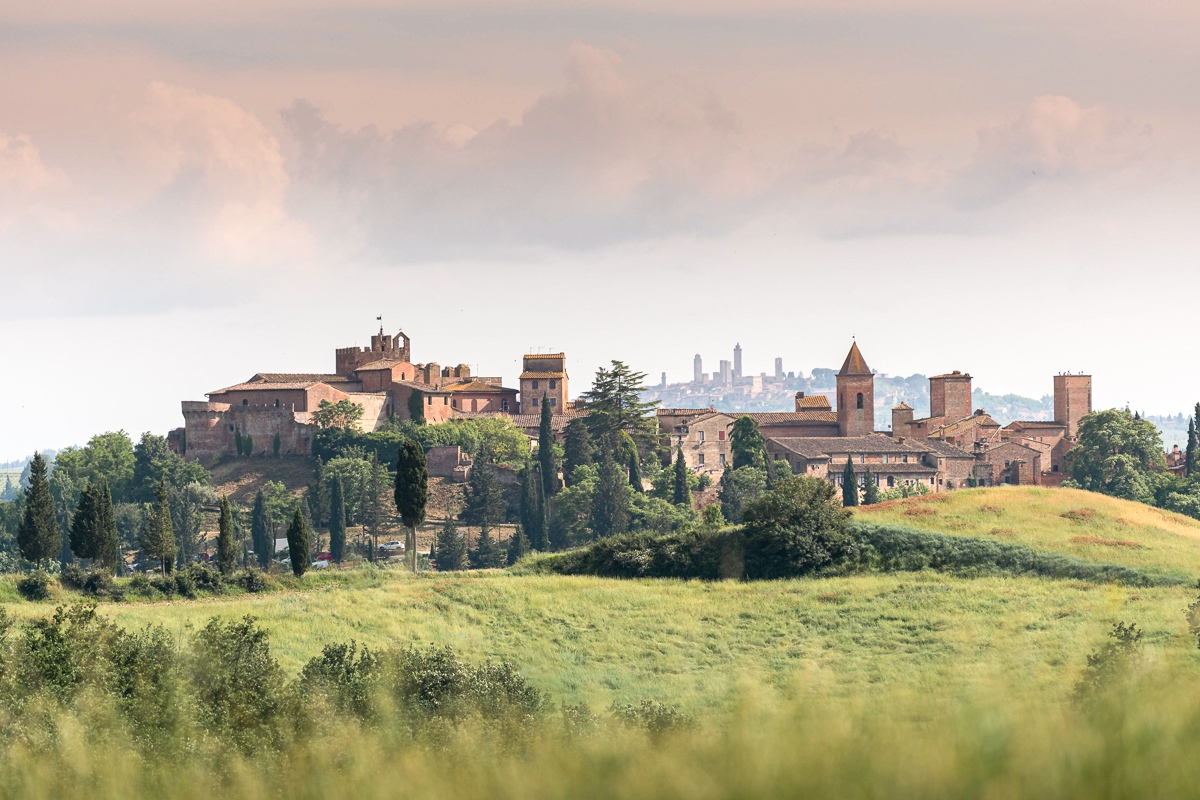 A village in Tuscany with San Gimignano in the background