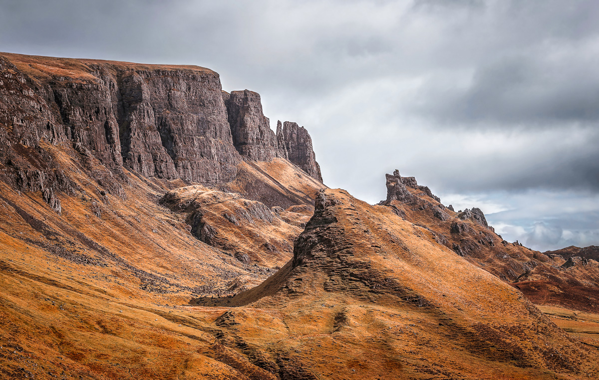 Isle of Skye, Scotland - Dark clouds over the Quiraing on a cloudy spring day at the Scottish Highlands