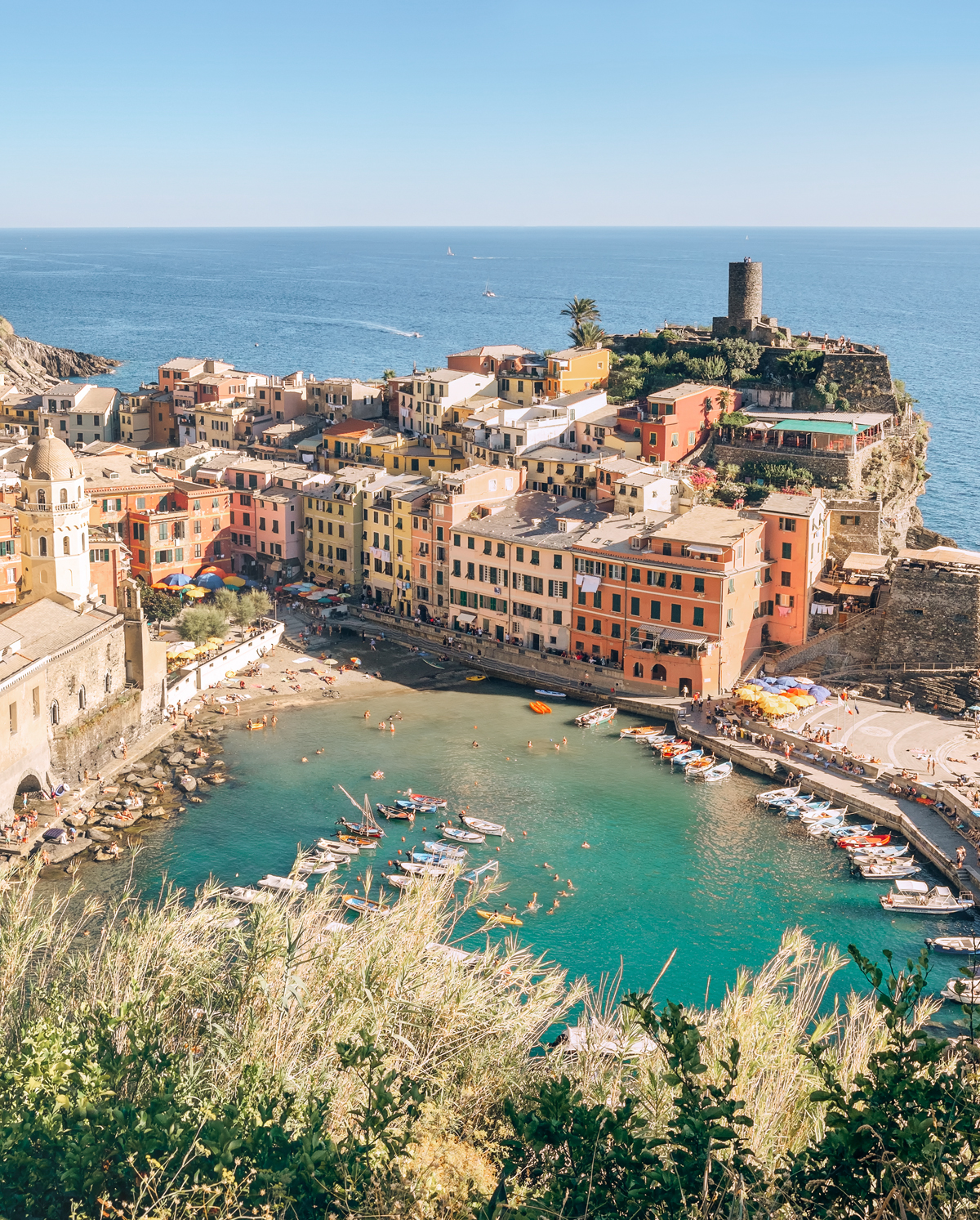 View of Vernazza in Cinque Terre from the hiking trail