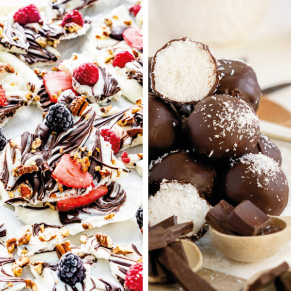 collage of healthy sweet snacks: berry yogurt bark and bounty balls recipe