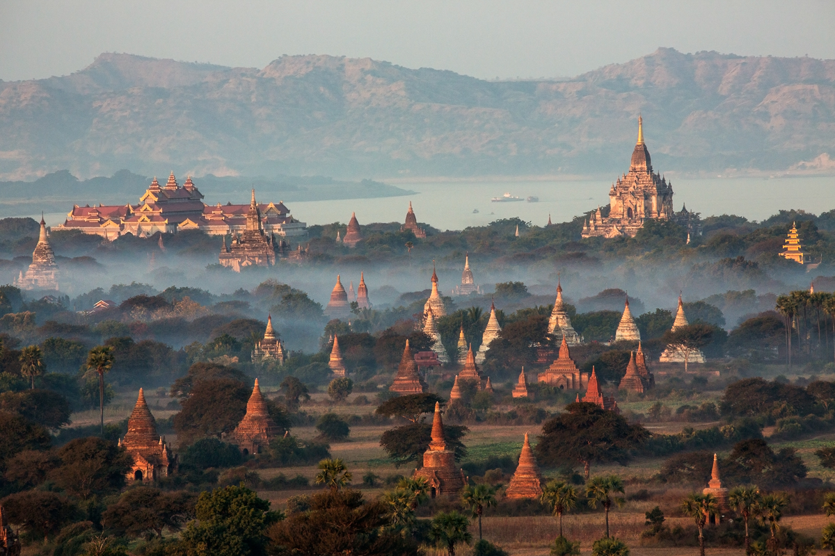 The temples of the Archaeological Zone in Bagan in the early morning, Myanmar (Burma).