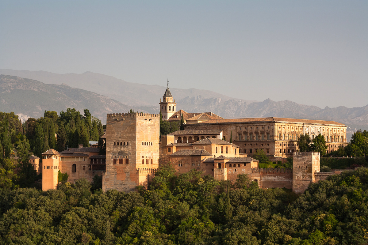 Alhambra palace detail with Alpujarra mountains in the background