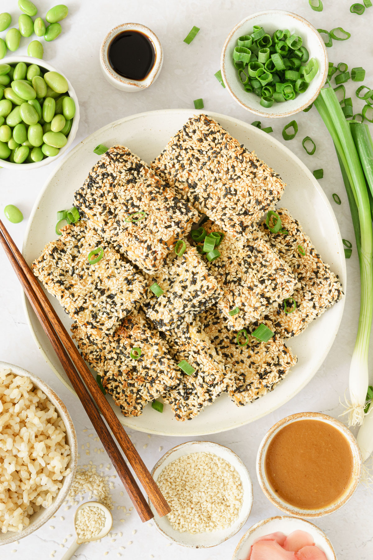 top view of delicious sesame-crusted tofu served on a plate with white sesame seeds, miso dressing, pickled ginger, cooked brown rice, edamame, soy sauce, and sliced fresh green onions