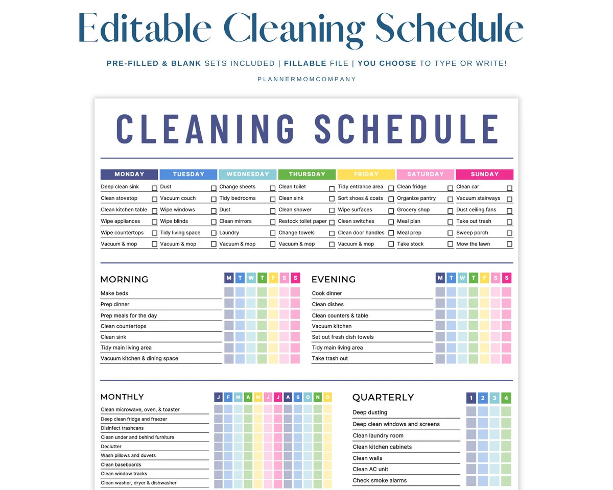 fillable cleaning checklist from Planner Mom Company