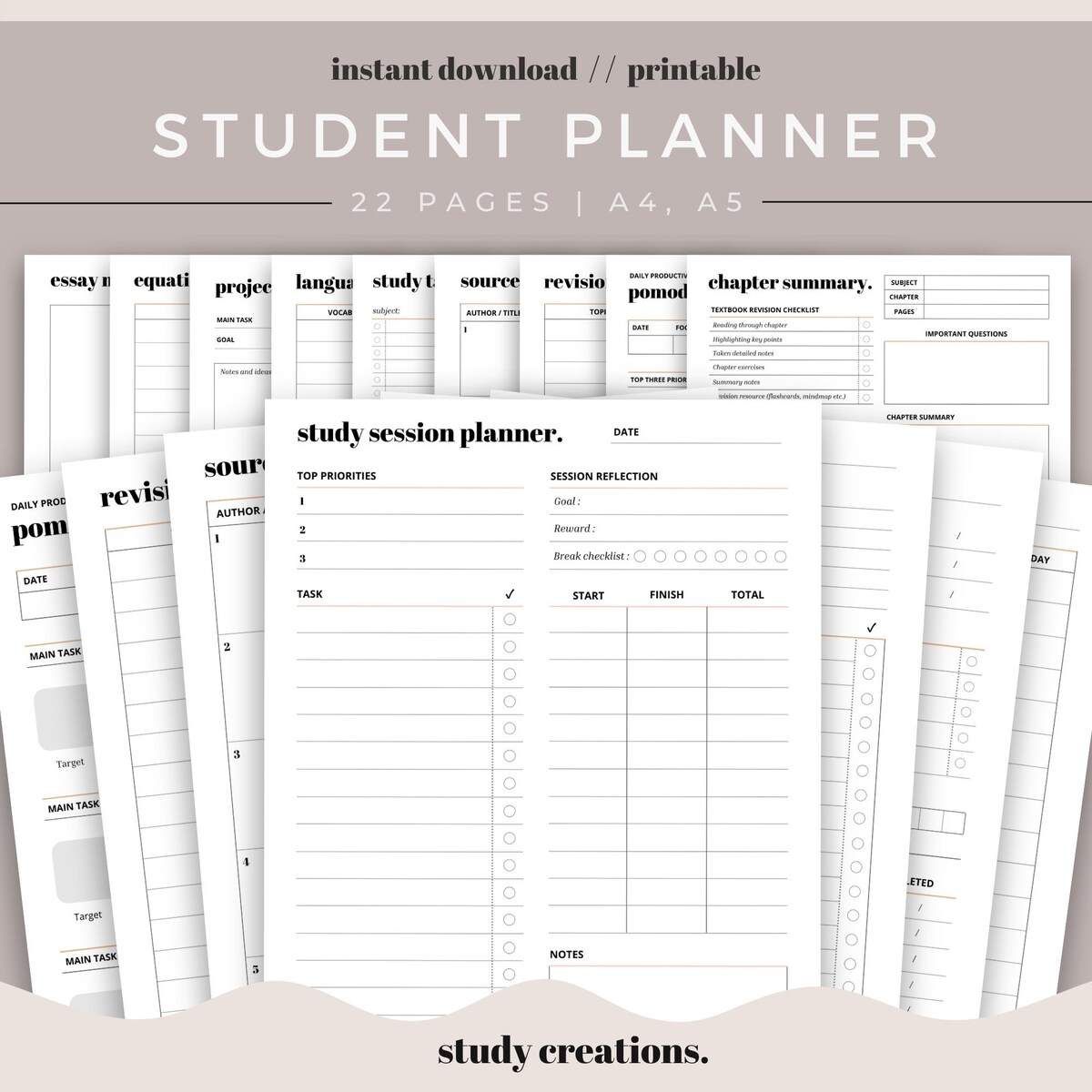 Printable student planners and organizers from Study Creations on Etsy