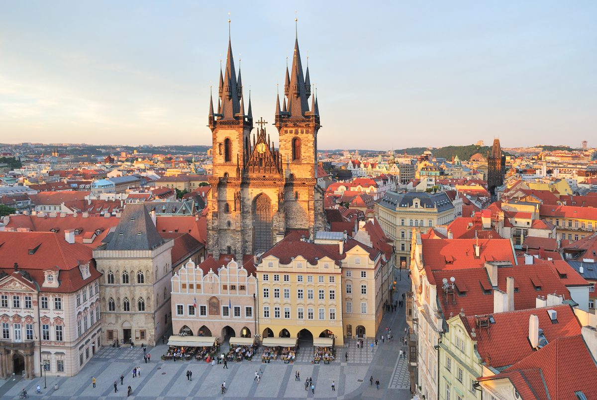 Prague, Czech Republic. Old Town Square and Tyn Cathedral of the Virgin Mary at sunset