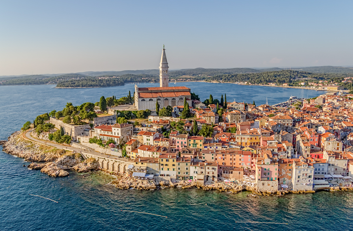 Aerial shoot of Old town Rovinj at sunset, Istra region, Croatia.